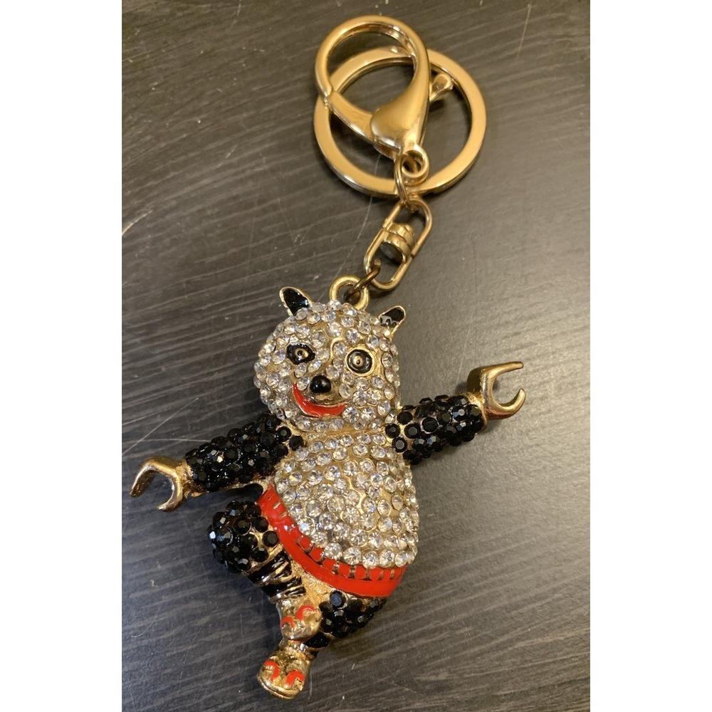 Dancing Panda Keychain Bejeweled Rhinestone Purse Jewelry Bling Clip Key Ring